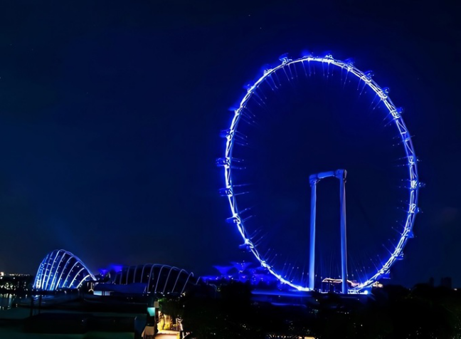 Singapore Flyer - vòng quay quan sát lớn nhất châu Á - tỏa sắc xanh giữa màn đêm.